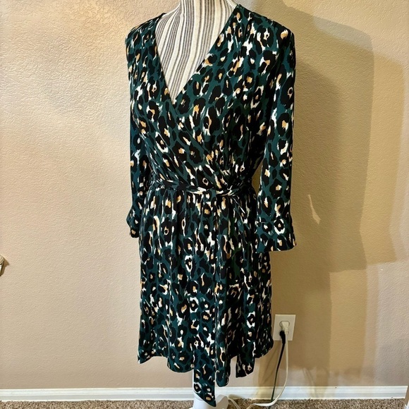 Express Dress Small Olive Green Animal Print Black Mustard Cream Mini Faux Wrap - Picture 6 of 15